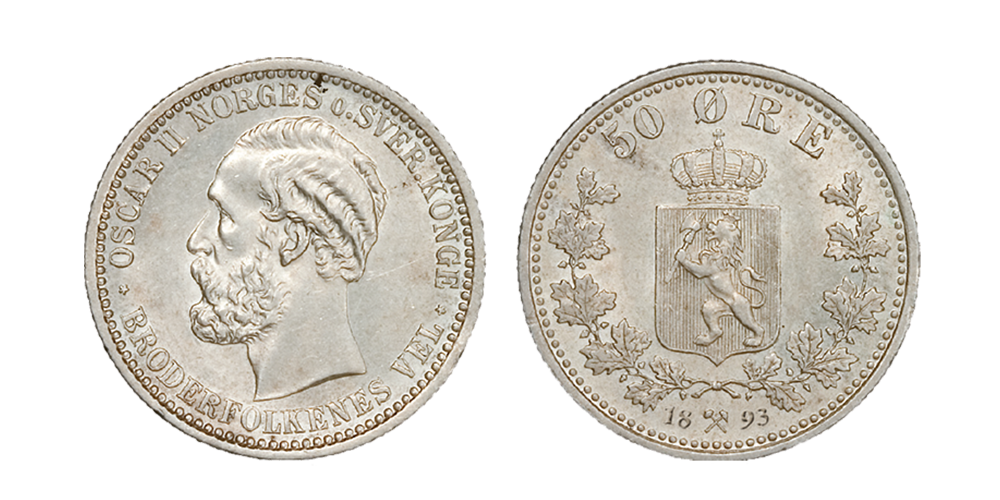 50-øre 1893 utgitt under unionskongen Oscar II 50-øre 1893 utgitt under unionskongen Oscar II